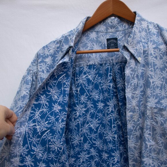 Brooks Brothers Hawaiian Shirt Mens 2XLT Reverse Print Blue Palm Cotton Resort - Picture 3 of 9